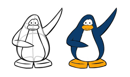 Как нарисовать пингвина. Шаг 3. Прорисовываем детали и раскрашиваем